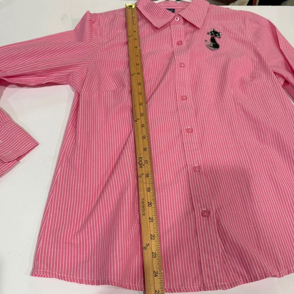 Cottagecore Catcore Cat Pink Y2K Striped Button Up Shirt Preppy Long Sleeve L